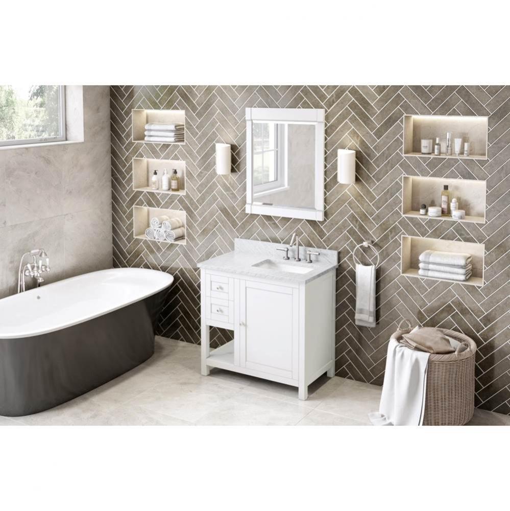 36'' White Astoria Vanity, right offset, White Carrara Marble Vanity Top, undermount rec