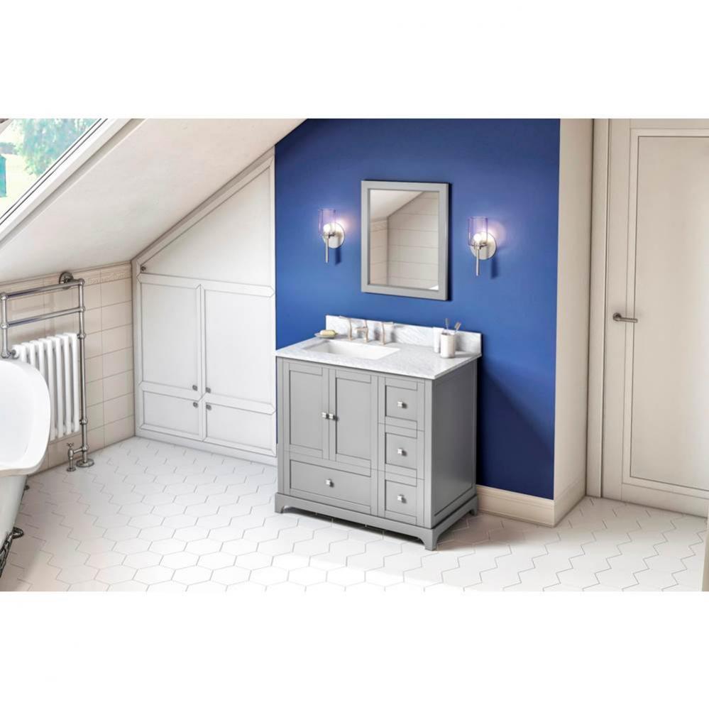 36'' Grey Addington Vanity, left offset, White Carrara Marble Vanity Top, undermount rec