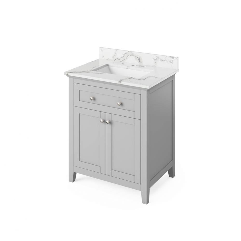 30'' Grey Chatham Vanity, Calacatta Vienna Quartz Vanity Top, undermount rectangle bowl