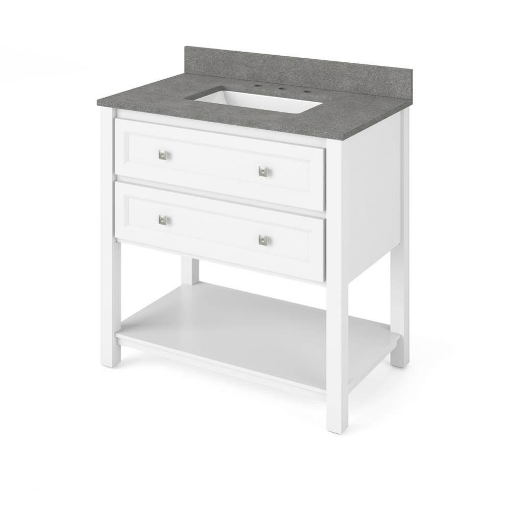 36'' White Adler Vanity, Steel Grey Cultured Marble Vanity Top, undermount rectangle bow