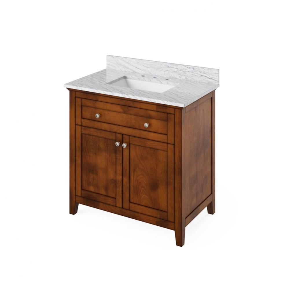 36'' Chocolate Chatham Vanity, White Carrara Marble Vanity Top, undermount rectangle bow