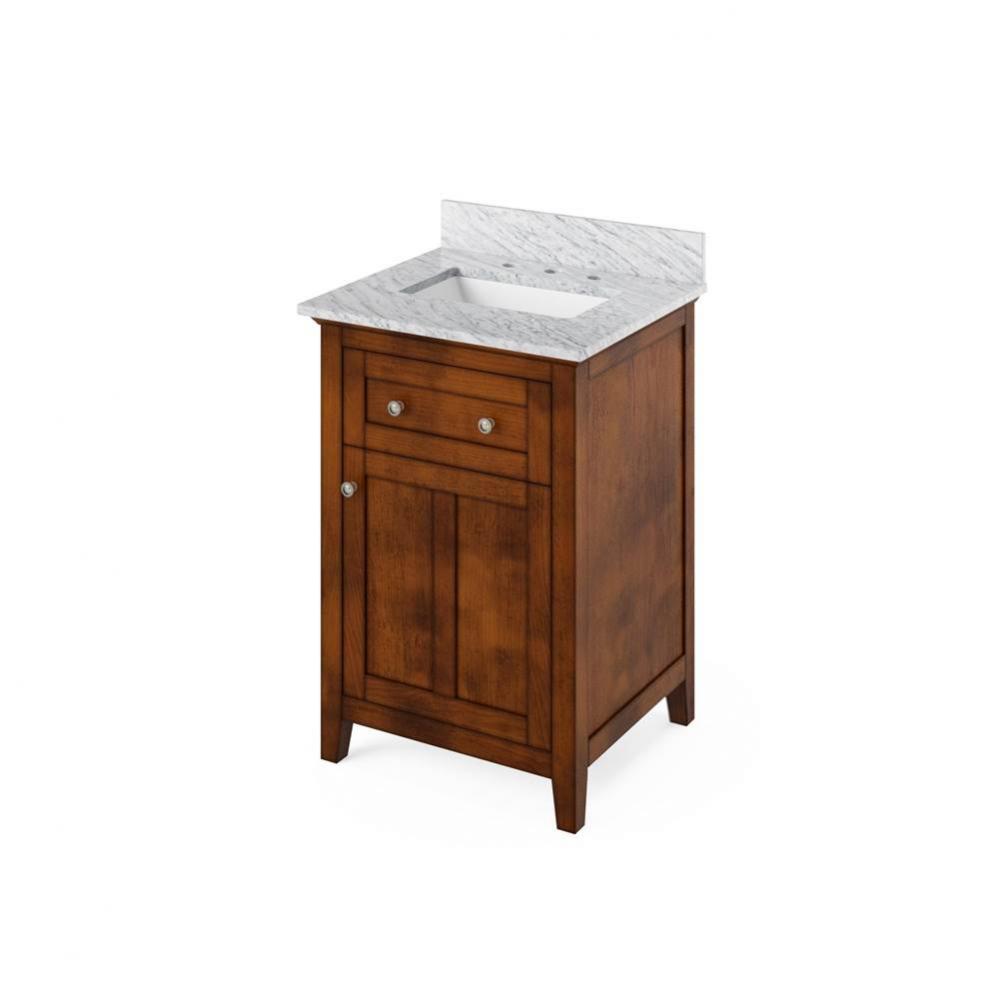 24'' Chocolate Chatham Vanity, White Carrara Marble Vanity Top, undermount rectangle bow