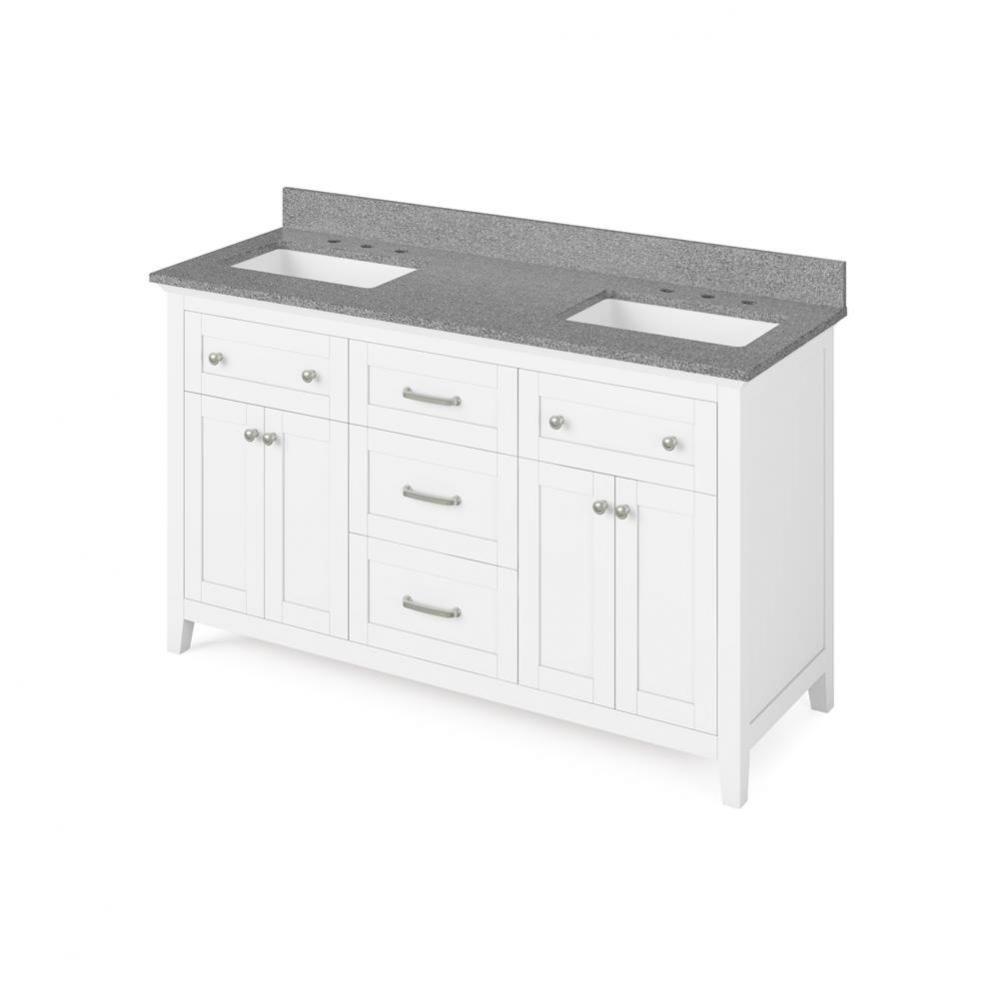 60'' White Chatham Vanity, double bowl, Steel Grey Cultured Marble Vanity Top, two under