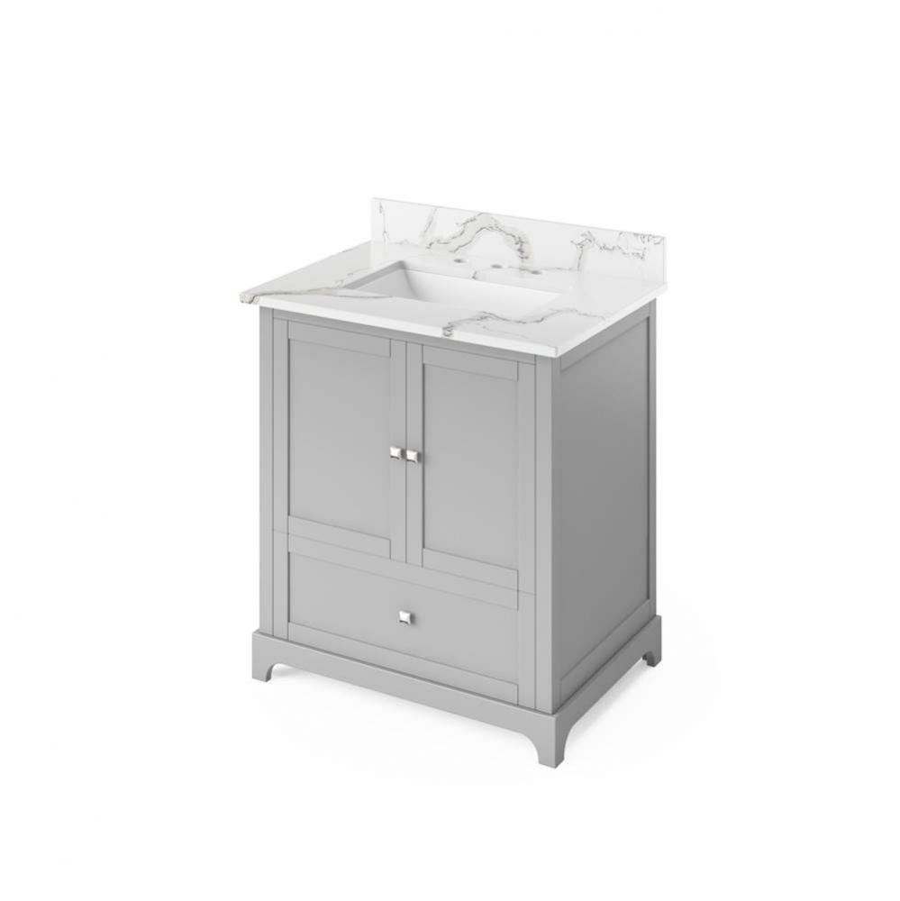 30'' Grey Addington Vanity, Calacatta Vienna Quartz Vanity Top, undermount rectangle bow