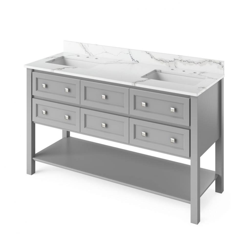 60'' Grey Adler Vanity, double bowl, Calacatta Vienna Quartz Vanity Top, two undermount