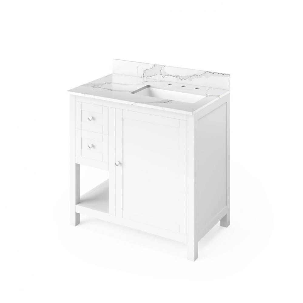 36'' White Astoria Vanity, right offset, Calacatta Vienna Quartz Vanity Top, undermount