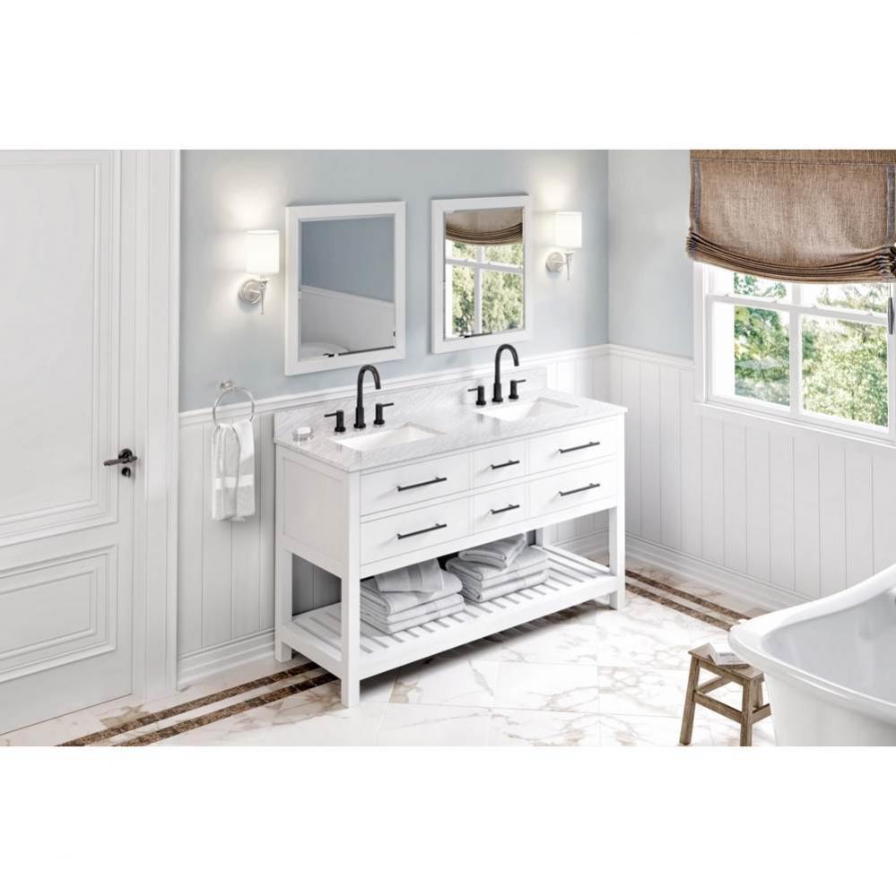 60'' White Wavecrest Vanity, double bowl, White Carrara Marble Vanity Top, two undermoun