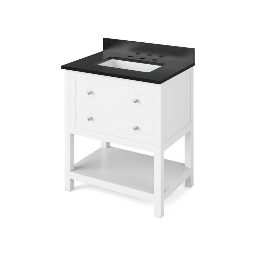 30'' White Astoria Vanity, Black Granite Vanity Top, undermount rectangle bowl