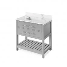 Jeffrey Alexander VKITWAV36GRCQR - 36'' Grey Wavecrest Vanity, Calacatta Vienna Quartz Vanity Top, undermount rectangle bow