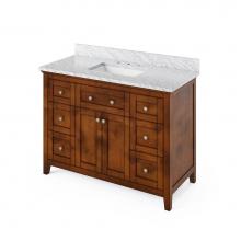 Jeffrey Alexander VKITCHA48CHWCR - 48'' Chocolate Chatham Vanity, White Carrara Marble Vanity Top, undermount rectangle bow