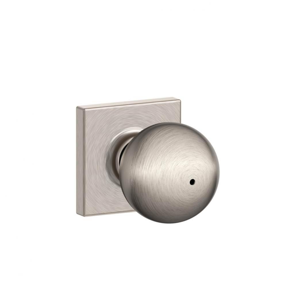 Orbit Knob with Collins Trim Bed and Bath Lock in Satin Nickel