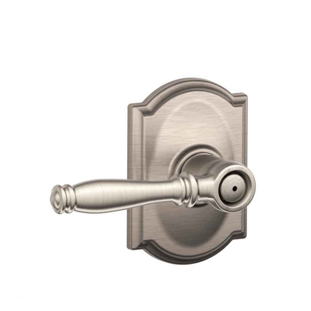 Birmingham Lever with Camelot Trim Bed and Bath Lock in Satin Nickel