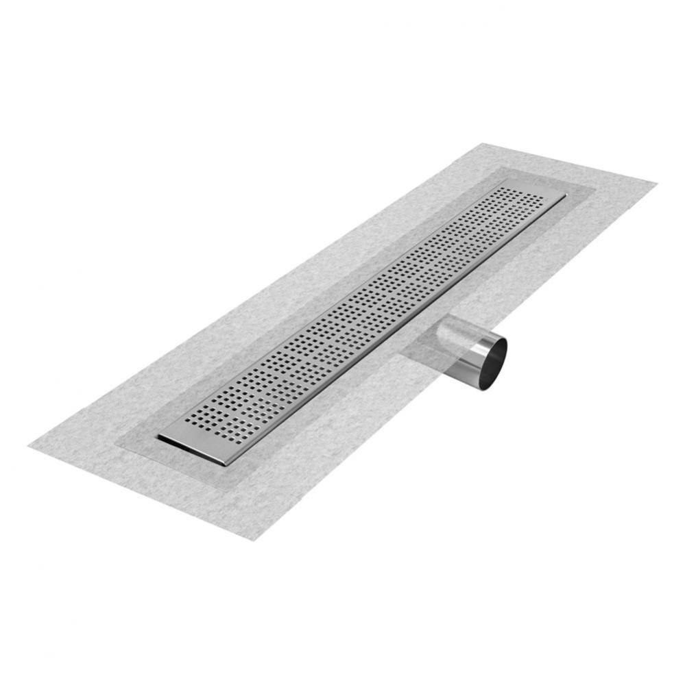 Delmar Series. 58'' Standard length Side Outlet linear drain. Kai Line. Satin