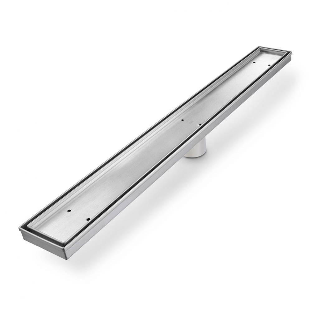 Delmar Series. 58'' Standard length Plain Edge linear drain. Mist (Tile-in) Line. Satin