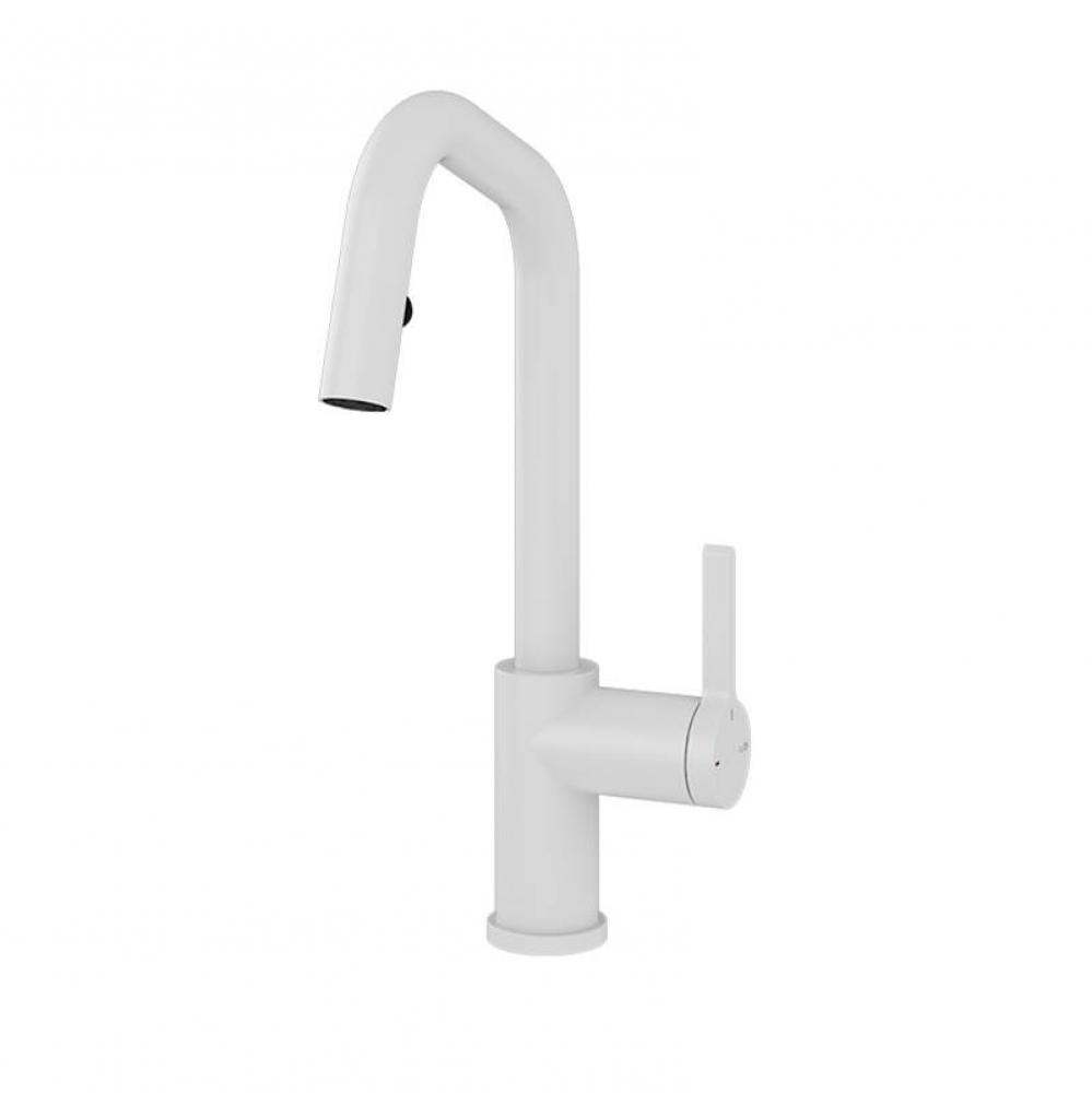 Loft Kitchen Faucet Round Body ''L'' Spout 2 Jets Hand Spray Matte White