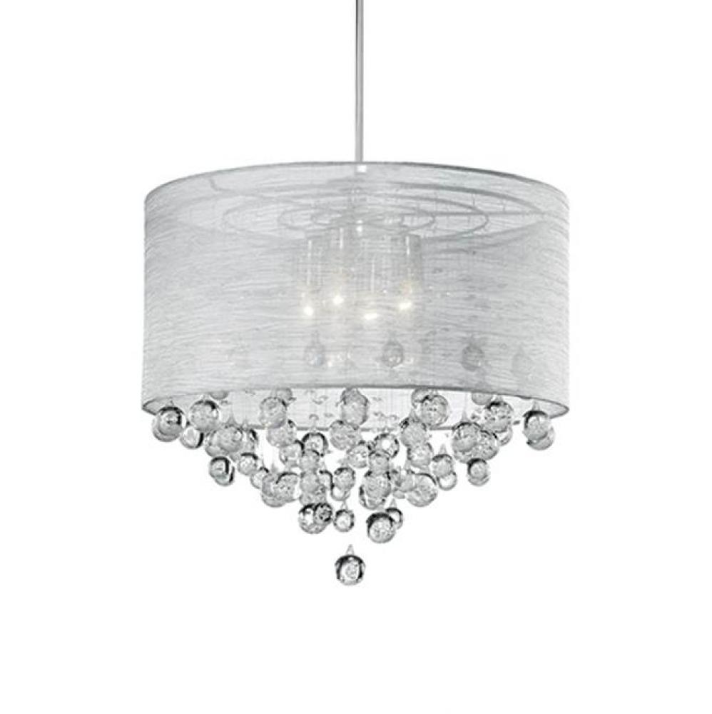 Four Lamp Pendant With Textured Silver Silk Shade And Drops Of Clear Crystal Balls With Bubbles