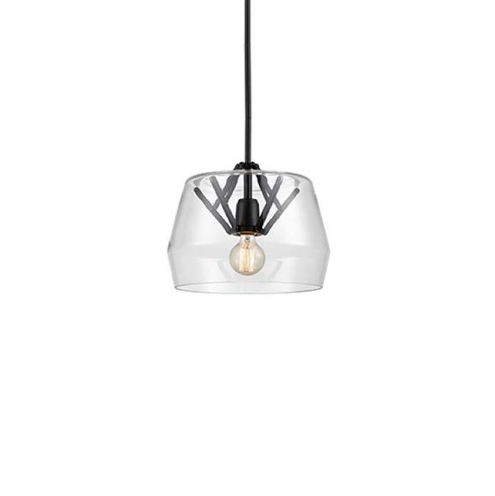 Single Lamp Pendant With Revolved Glass Shade Rest Atop A Visible Metal Inner Structure.