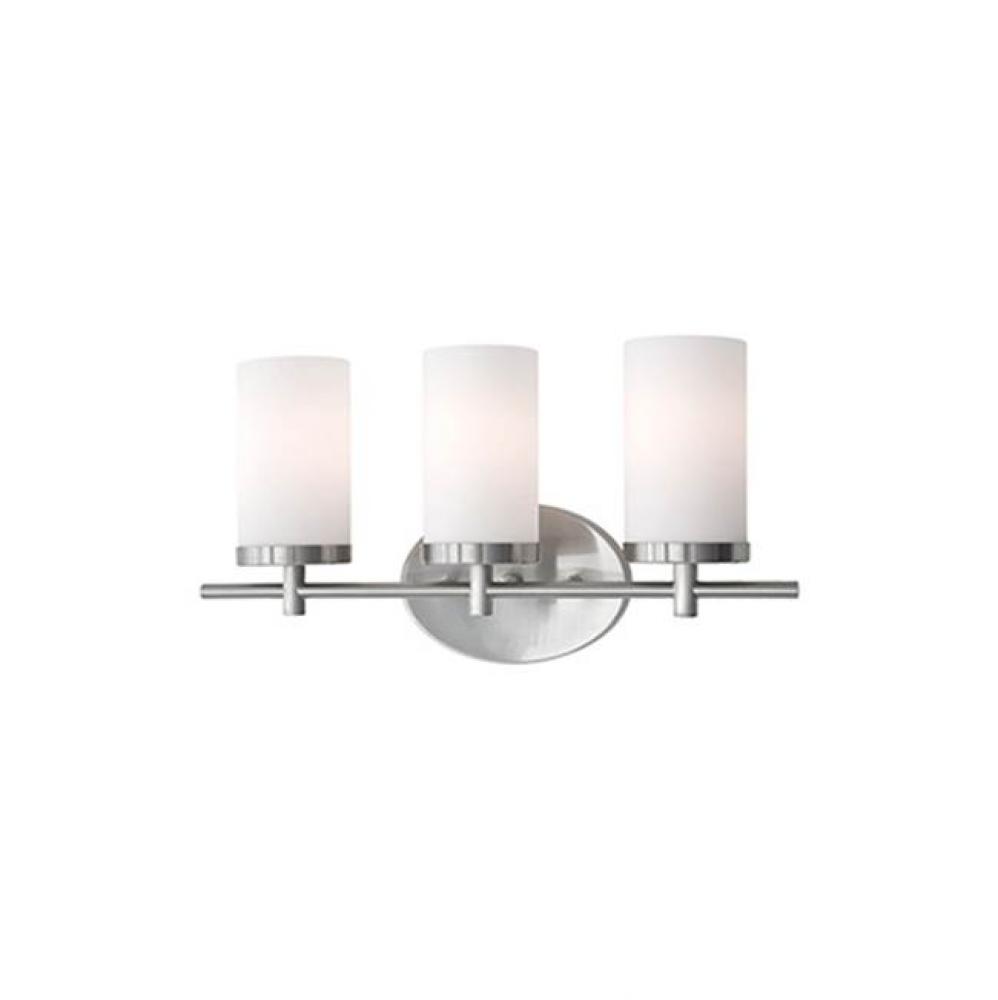 Three Lamp Vanity With White Opal Cylinder Glass And Brushed Nickel Metal