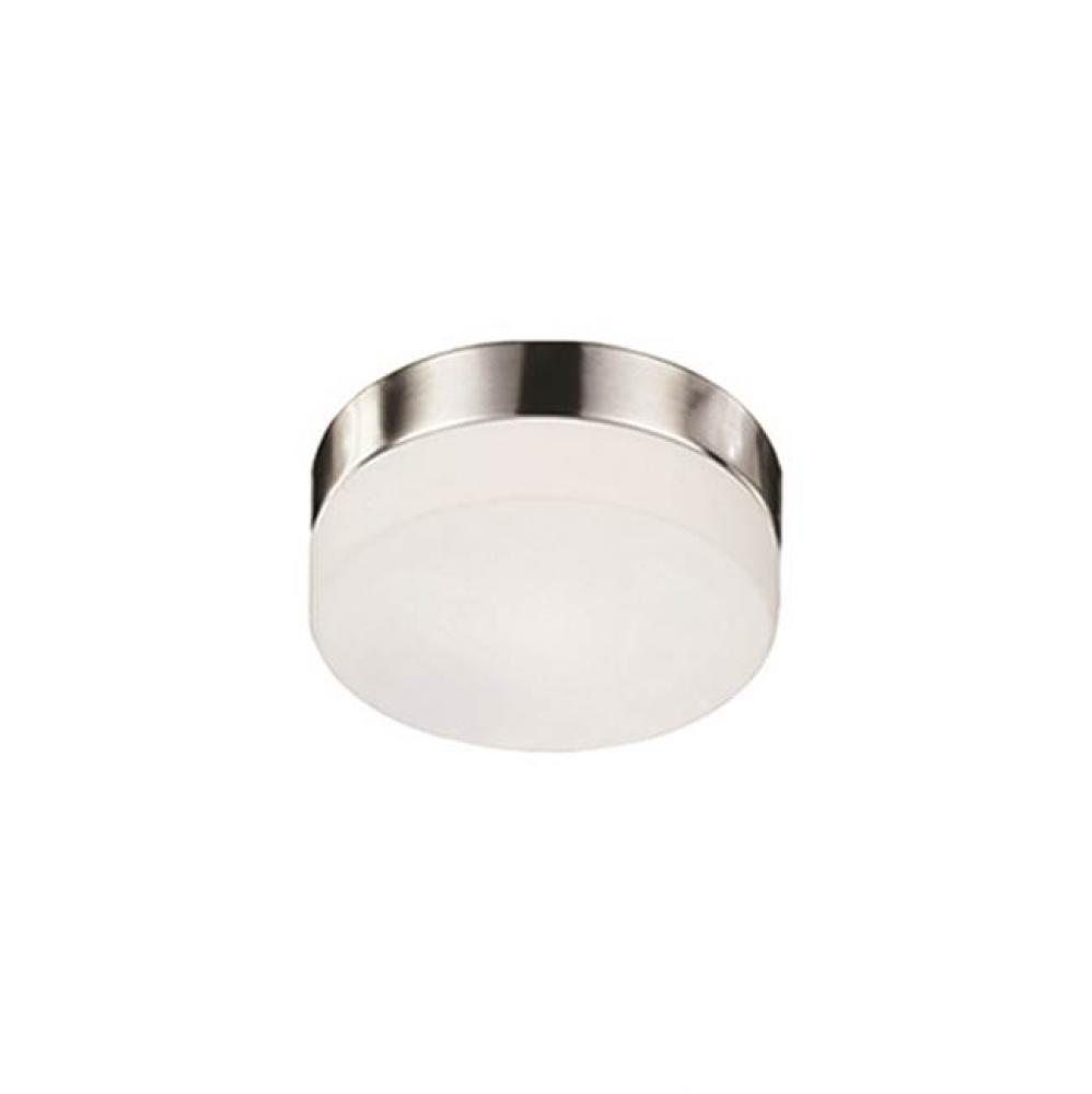 Single Led Flush Mount Ceiling Fixture With Round White Opal Glass. Metal Details In Brushed