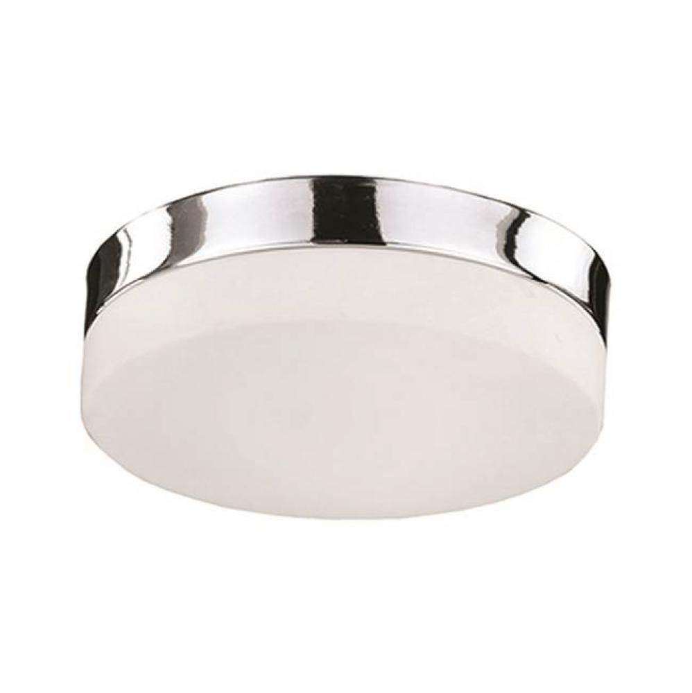 Single Led Flush Mount Ceiling Fixture With Round White Opal Glass. Metal Details In Brushed