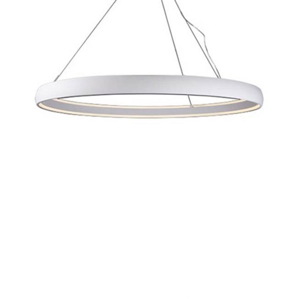 Aircraft Cable Suspended Circular Pendant With Circular Canopy. Soft Up/Down Light Is Emitted