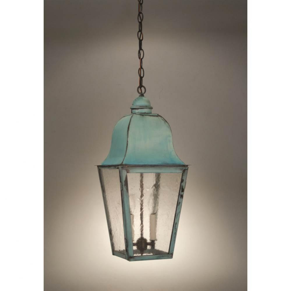 Hanging Fixture  Verdi Gris Finish  2 Candelabra Sockets  Seedy Marine Glass